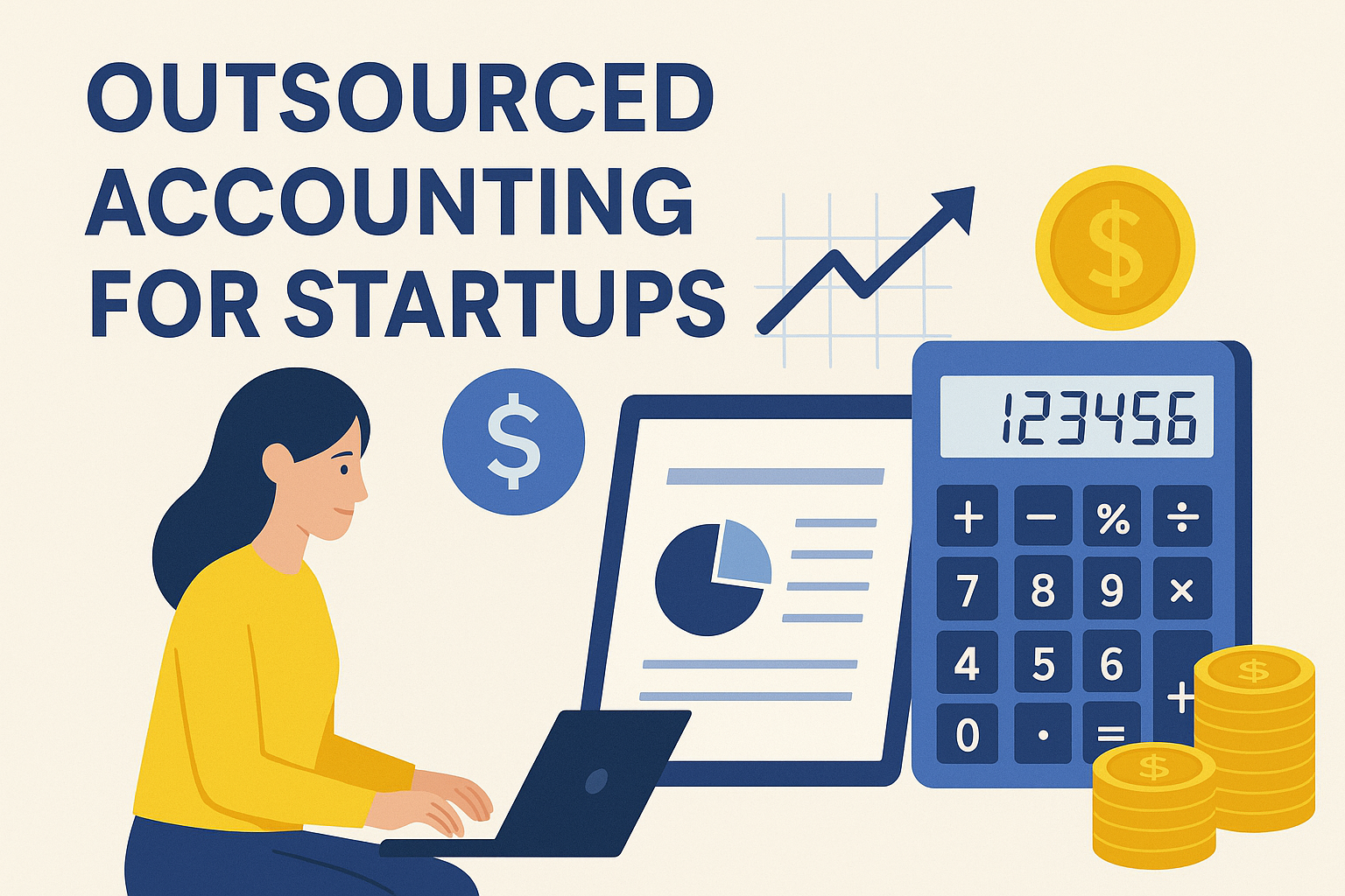 Outsourced accounting for startups with charts, calculator, and coins