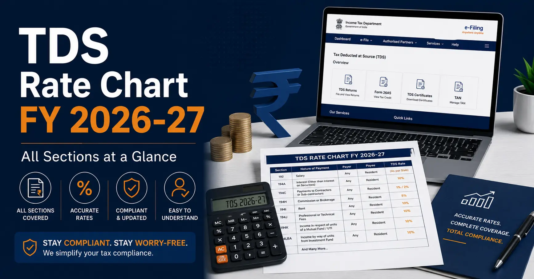 TDS rate chart for FY 2026-27 covering all sections under Income Tax Act India