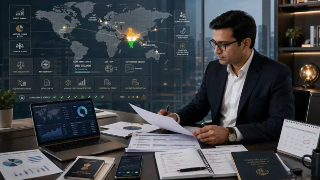 Indian investor reviewing foreign investments and FEMA, LRS and tax compliance requirements.