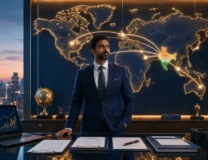 South Asian business executive standing in a modern office before a glowing world map with global connections from India, symbolizing international business compliance and global expansion.