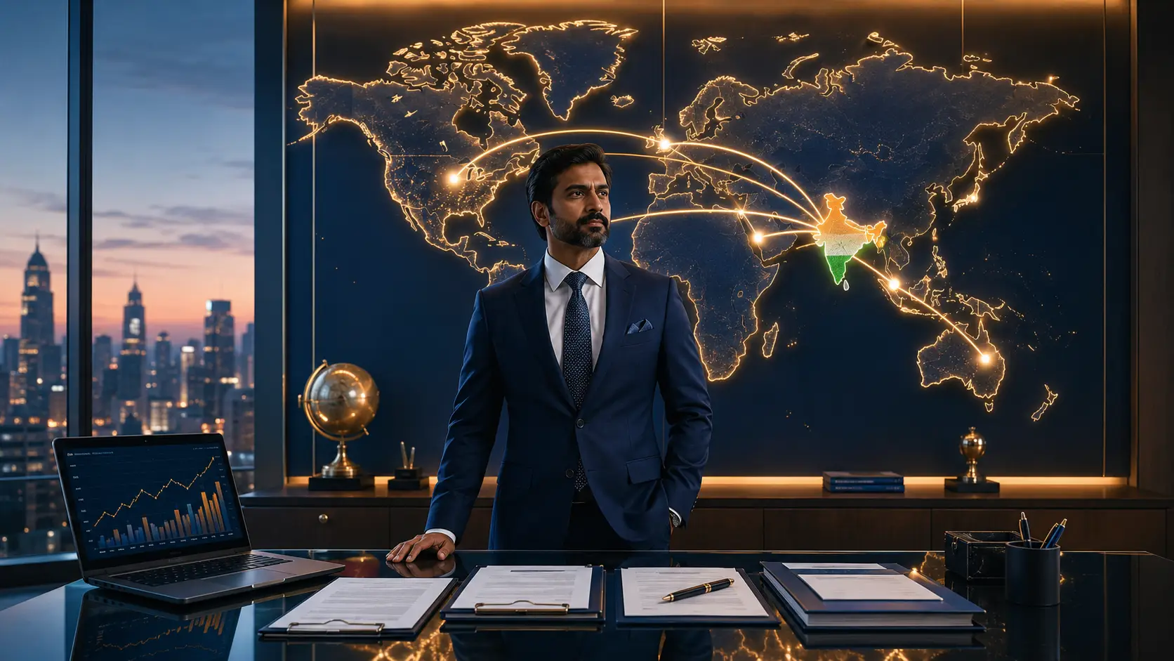 South Asian business executive standing in a modern office before a glowing world map with global connections from India, symbolizing international business compliance and global expansion.