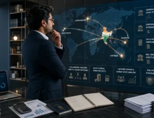 Indian entrepreneur reviewing overseas business expansion, tax, banking and FEMA compliance requirements.