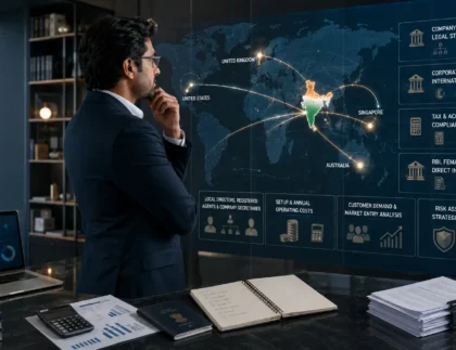 Indian entrepreneur reviewing overseas business expansion, tax, banking and FEMA compliance requirements.