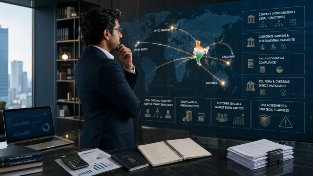Indian entrepreneur reviewing overseas business expansion, tax, banking and FEMA compliance requirements.