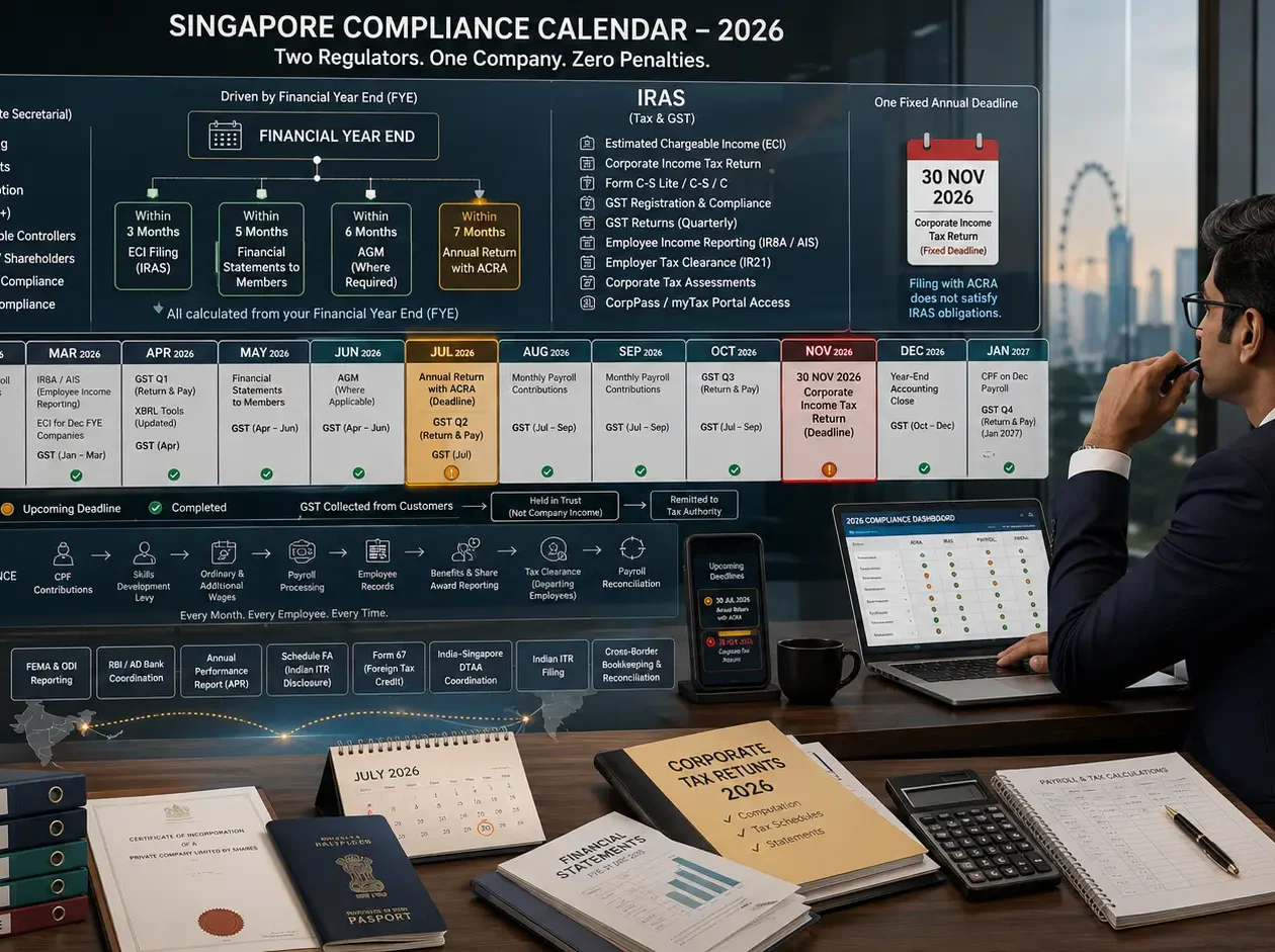 Indian founder reviewing Singapore company compliance deadlines for ACRA, IRAS, GST and CPF in 2026