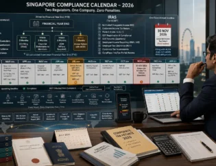 Indian founder reviewing Singapore company compliance deadlines for ACRA, IRAS, GST and CPF in 2026