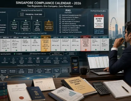 Indian founder reviewing Singapore company compliance deadlines for ACRA, IRAS, GST and CPF in 2026