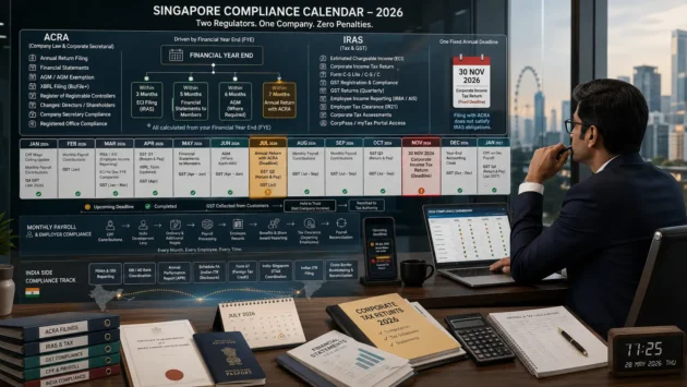 Indian founder reviewing Singapore company compliance deadlines for ACRA, IRAS, GST and CPF in 2026