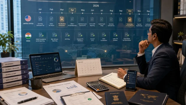 Indian founder reviewing the 2026 US company compliance calendar and India-side filing deadlines.